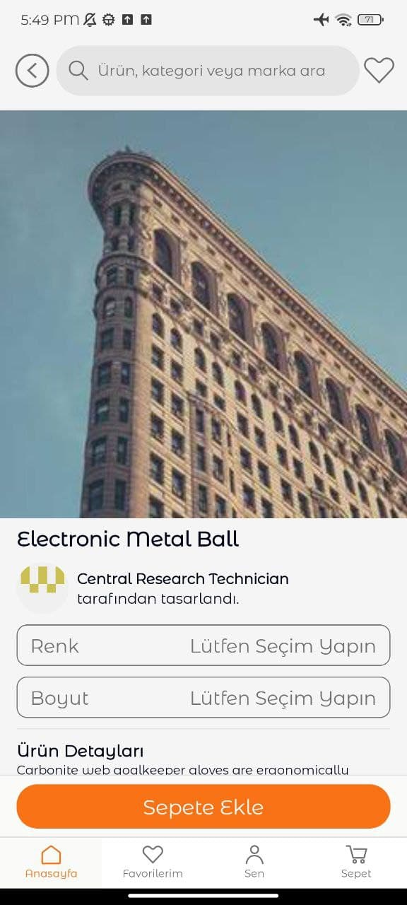 Product screen - details and photos generated with Faker.js
