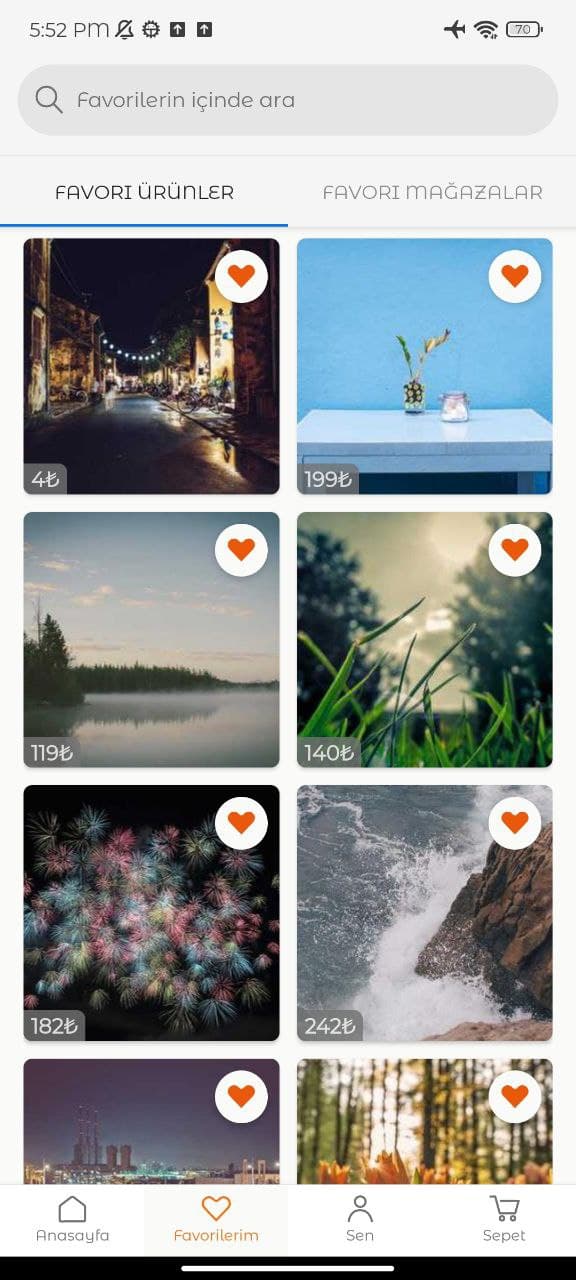 User favourited items screen