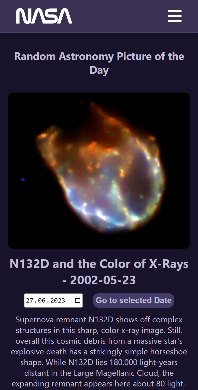 Main page, random event fetched from nasa api