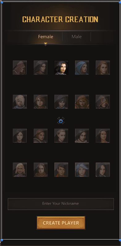 Character customization screen